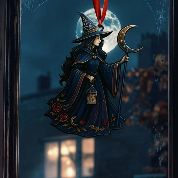 HHBEAUTY 5.9inch Moon Witchs Suncatcher Acrylic Glass Window Hanging Wall Art Ornament Halloween Window Suncatchers Garden Home Indoor Outdoor Decor for Women Friends Party Gift