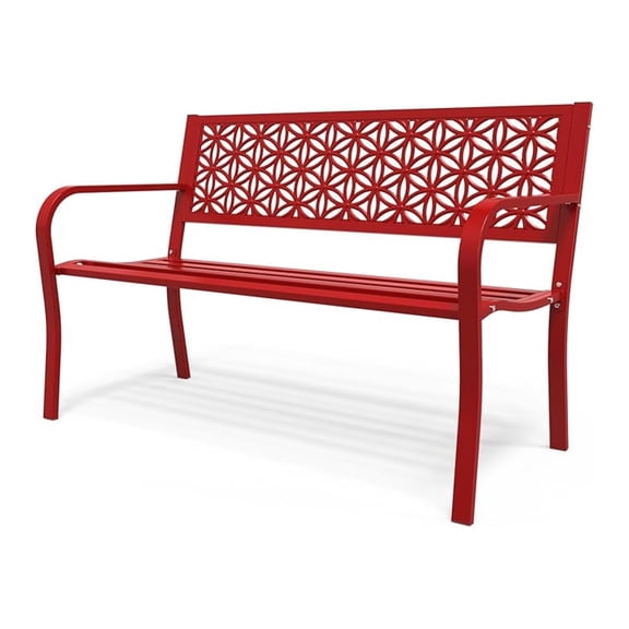 HHBEAUTY 50" Outdoor Bench Metal with Floral Back, Garden Bench Front Porch Bench for Yard Patio Entryway Park Outside, 800lb Capacity - Red