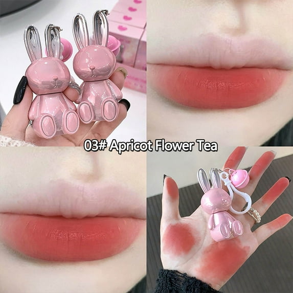 HHBEAUTY 6 Colors Velvet Matte Liquid Lipstick, Cute Rabbit Lip Glaze 2 in 1 Key Chain Lip Gloss Lip Stain, Waterproof Non-Stick Cup Long Lasting Lip Clay Cute Lip Makeup for Women