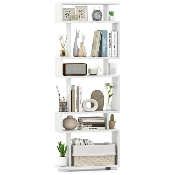 HHBEAUTY 6-Tier Geometric Bookcase, 64" Tall S-Shaped Bookshelf with Anti-Tipping Kit, Wood Freestanding Decorative Storage Display Shelves for Living Room, Bedroom & Home Office, White