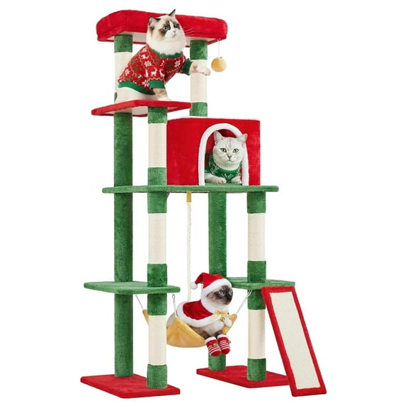 HHBEAUTY 63in Christmas Cat Tree, Multi-Level Cat Tower with Cozy Caves, 7 Scratching Posts, Scratching Ladder, Hammock for Indoor Kitty as Party Decoration, Red/Green
