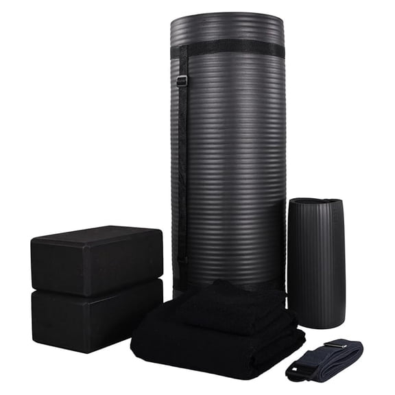 HHBEAUTY 7-Piece Yoga Set with 71x24x1 Inches Extra Thick Mat and Carrying Sling – Includes 2 Blocks, Stretch Strap, 2 Towels, and Knee Pad for Home, Studio, and Gym Workouts