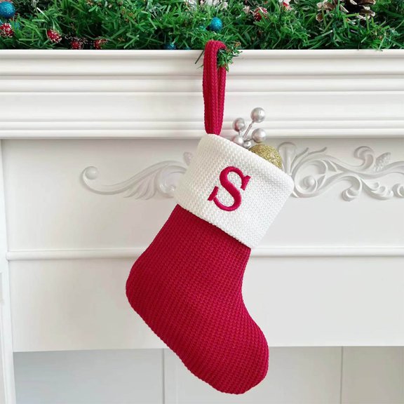 HHBEAUTY 7 inch Monogram Stocking Mini Cute Knit Embroidered Monogram Christmas Stocking Personalized Initial Christmas Stocking Family Holiday Xmas Party Decor Christmas Decorations