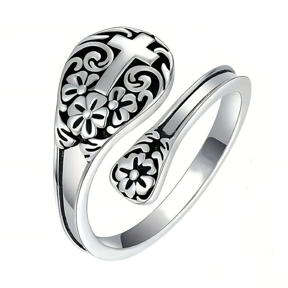 HHBEAUTY 925 Sterling Silver Cross Spoon Ring - Oxidized Vintage Flower Faith Rings Adjustable Size Inspirational Jewelry