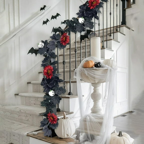 HHBEAUTY Artificial Fall Maple Leaf Hanging Vine- Black & White Maple and Pumpkin Thanksgiving & Halloween Decor for Home & Fireplace