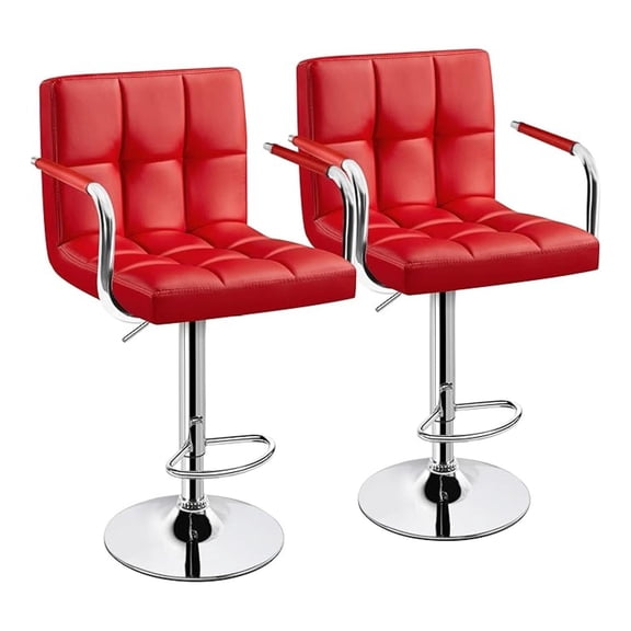 HHBEAUTY Bar Stools Set of 2, PU Leather Adjustable Swivel Barstools, Hydraulic Kitchen Counter Height Bar Chairs with Armrest and Back for Bar, Kitchen, Dining Room, Red