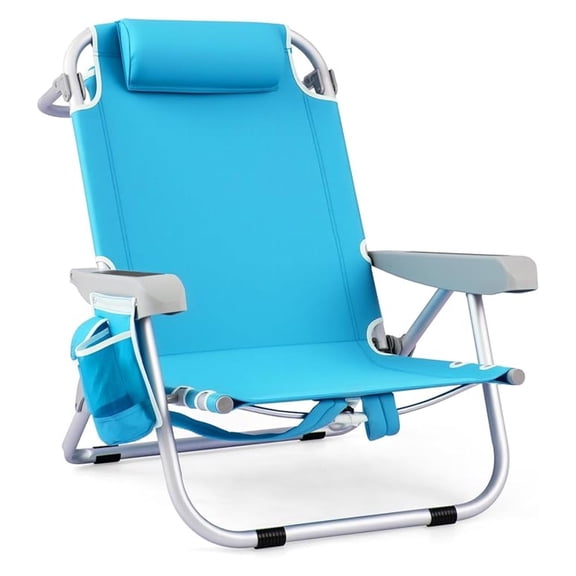 Qtypgm Beach Chair, 330lbs Backpack Lounger with 5-Position Backrest, Storage Bag, Side Pocket, Towel Bar & Headrest, Foldable Low Beach Lounge, Portable Aluminum Lay Out Camp Chair (1, Light Blue)