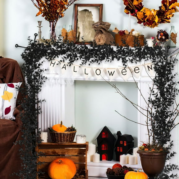 HHBEAUTY Black Artificial Flowers Black Eucalyptus Garlands, Halloween Garland Black Leaf Garland with Flowers Fake Floral Greenery for Halloween Party Decor, Home Backdrop Wall Fall Vines Decor