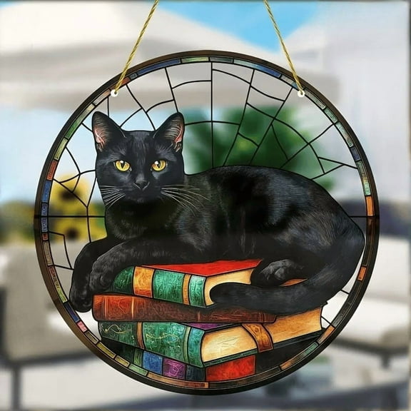 HHBEAUTY Black Cat Sun Catcher - Black Cat Full Moon Acrylic Suncatcher Rainbow Maker Stained Acrylic Window Hanging Ornament Indoor Outdoor Decoration Home Garden Decor Chain Pendant Memorial Gift