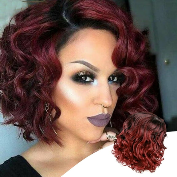 HHBEAUTY Burgundy to Red Layered Short Wavy Bob Wigs for Women Side Part Wine Red Mid-length Curly Bob Wig 12inch Heat Synthetic Average Size Natural Daily Party Wig