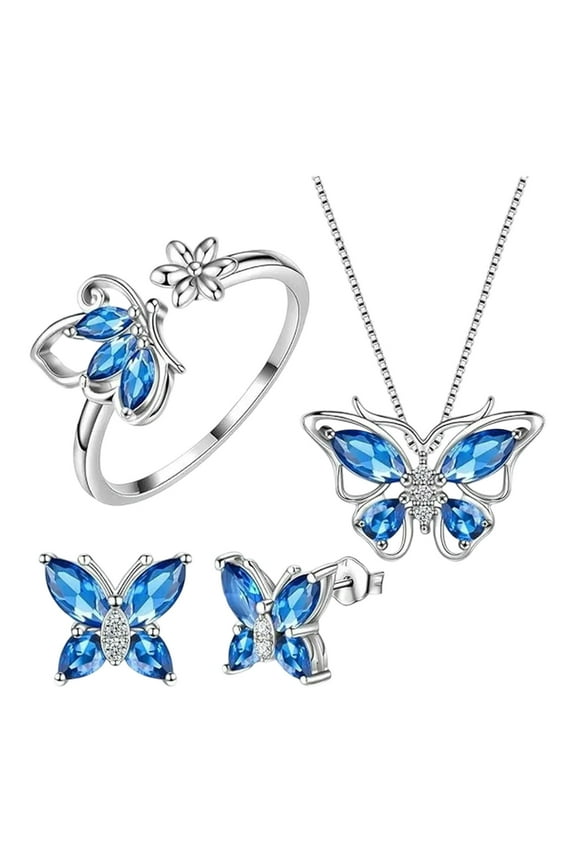 Butterfly Jewelry Set, 925 Sterling Silver Butterflies Birthstone Pendant Necklace/Earrings/Rings/Bracelets for Wedding & Brirthday Gift