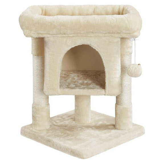 HHBEAUTY Cat Scratching Posts with Bed, 23.5 Inches Cat Kitten Scratcher Featuring with Sisal Scratch Posts, Interactive Dangling Ball for Indoor Large Cats, Beige