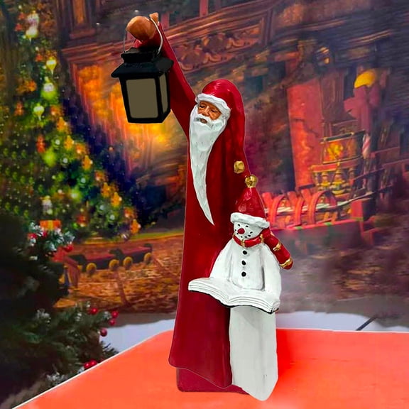 HHBEAUTY Christmas Figurines Light-Up Santa and Snowman, Resin Indoor Christmas Decorations with LED Holiday Lights - Festive Santa Claus Decor with Fiber Optics