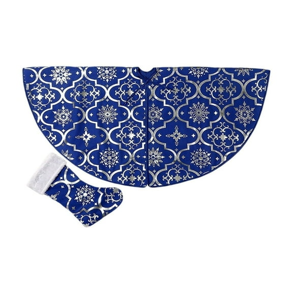 HHBEAUTY Christmas Tree Skirt and Sock Set - 35" Blue Fabric Tree Base with Snow Pattern, Foldable and Reusable, Decorative Holiday Ornament, Christmas Tree Decor