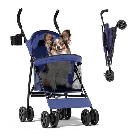 HHBEAUTY Compact Pet Stroller for Small-Medium Dogs/Cats up to 22lbs, 4-Wheel Lightweight Umbrella Shaped Portable Puppy Travel Jogger with Breathable Mesh, Cup Holder & Rear Storage, Navy Blue