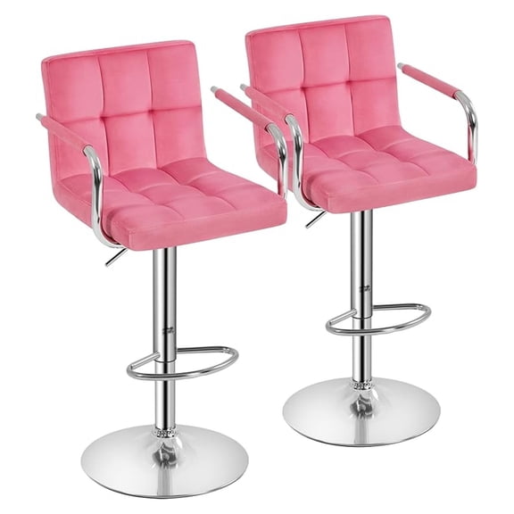 HHBEAUTY Counter Height Bar Stools Set of 2 Velvet Swivel BarStools for Kitchen Stool Height Adjustable Counter Stool Barstools with Armrest, Velvet, Pink