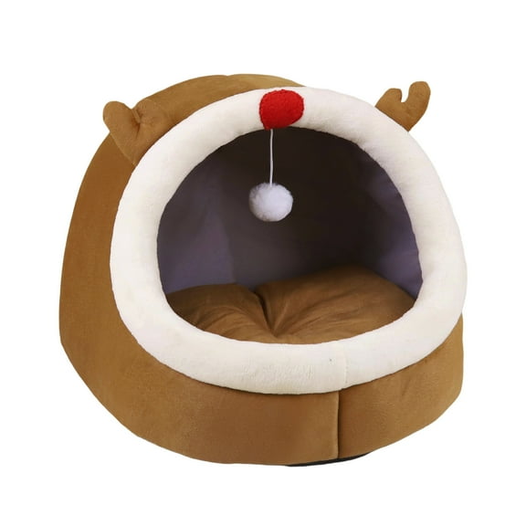 HHBEAUTY Covered Cat Bed, Orthopedic Memory Foam Cat Beds for Indoor Cats, Enclosed Cave Design with Washable Inner Cushion and Hanging Ball, for Large Cats & Small Dogs (Christmas Reindeer)