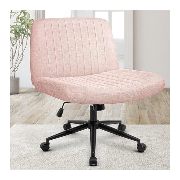 HHBEAUTY Criss Cross Chair Wheels Wide Cross Legged Office Desk Vanity Dual Base Comfy Fabric Armless Adjustable Swivel for Home Computer Task (Pink)