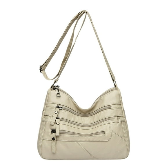 HHBEAUTY Crossboby Bag for Women - Soft PU Leather Multi-Pocket Shoulder Bag Handbag with Adjustable Strap, Soft Washed Leather Shoulder Bag Multi-Zip Spacious Large Capacity Handbag, White