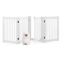 Qtypgm Dog Gate with Door - 30''H × 80''W Wooden Pet Gate with Walk Through Door, Foldable Freestanding 4 Panels Pet Safety Fence Extra Wide for Doorway Stairs House Deck Yard, White