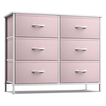 HHBEAUTY Dresser with 6 Drawers - Furniture Storage Tower Unit for Bedroom, Hallway, Closet, Office Organization - Steel Frame, Wood Top, Easy Pull Fabric Bins (6-Drawer, Pastel Pink)