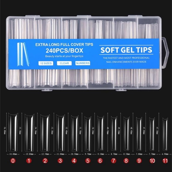HHBEAUTY Extra Long Square Full Cover Nail Tips 240PCS Clear Full Cover Fake Nails False Nails 12 Sizes Tapered Square Press on Fake Nail Tips for Acrylic Nails Salons Home DIY with Box