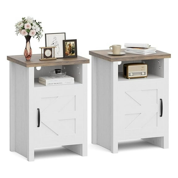 Qtypgm Farmhouse Nightstand, Modern Bedside Table with Barn Door and Shelf, Rustic End Table Side Table for Bedroom, Living Room (2, White)