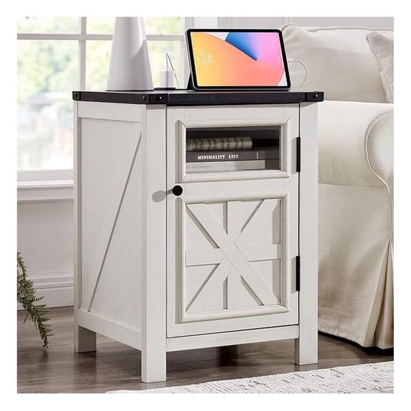 HHBEAUTY Farmhouse Nightstand Set of 2 with Barn Door and Shelf, Side Table, Rustic End Table for Bedroom, Living Room, Navy Blue