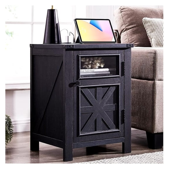 HHBEAUTY Farmhouse Nightstand with Barn Door and Shelf, Side Table, Rustic End Table for Bedroom, Living Room, Navy Blue