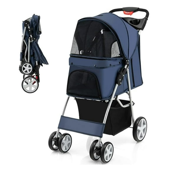 HHBEAUTY Folding Dog Stroller for Small Medium Dogs Cats Puppy, 4 Lockable Wheels Cat Stroller Pet Travel Carrier Strolling Cart, Safety Belt, Removable Liner and Storage Basket (Navy)