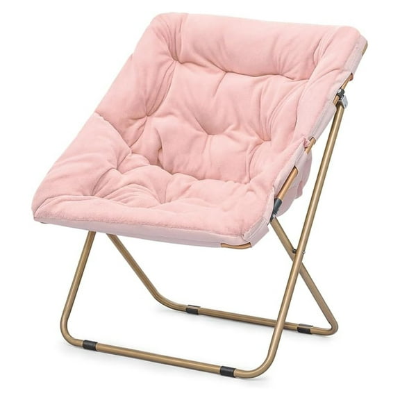 HHBEAUTY Folding Saucer Chair for Adults Comfy Lounge Reading Seat Accent Chair Faux Fur Lazy Seating with Thick Padded Metal Frame for Bedroom Living Room Small Space (Pink)