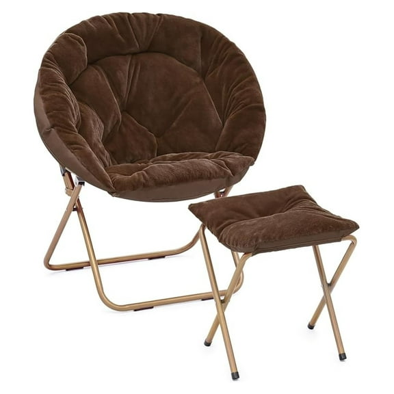 HHBEAUTY Folding Saucer Chair for Adults with Ottoman, Circle Reading Chair for Bedroom, Living Room & Dorm, Furry Comfy Accent Seat with Metal Leg & Thick Padded for Small Spaces (Brown, 1 Pack)