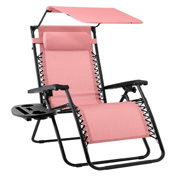 HHBEAUTY Folding Zero Gravity Outdoor Recliner Patio Lounge Chair w/Adjustable Canopy Shade, Headrest, Side Accessory Tray, Textilene Mesh - Pink