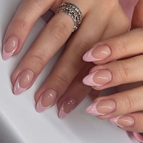HHBEAUTY French Tip Press on Nails Almond - Press on Nails Short, Acrylic Fake Nails Pink 3D Design Nails Clear False Nail Tips,24pcs