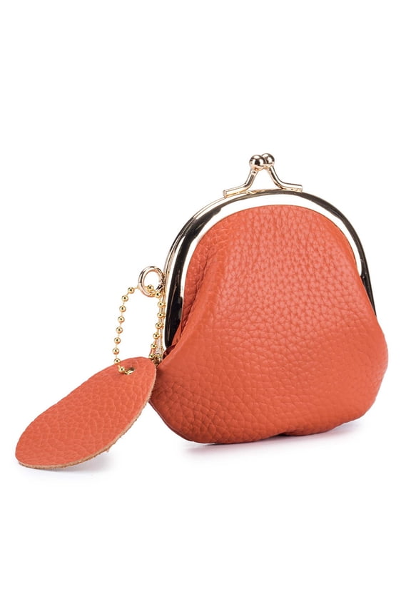 Genuine Leather Coin Purse, Vintage Kiss Lock Wallet for Women Girl,Portable Travel Lipstick Holder Cosmetic Pouch Case, Leather Mini Jewelry Pouch, Orange