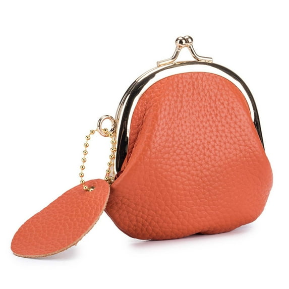 HHBEAUTY Genuine Leather Coin Purse, Vintage Kiss Lock Wallet for Women Girl,Portable Travel Lipstick Holder Cosmetic Pouch Case, Leather Mini Jewelry Pouch, Orange