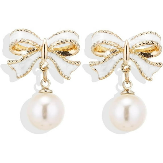 HHBEAUTY Gold Bow Earrings for Women, Long Tassel Chain Drop Earrings, Ribbon Waterfall Dangling Earrings, Pearl Bow Earrings, Sparkly Elegant Bowknot Preppy Jewelry Gifts for Women