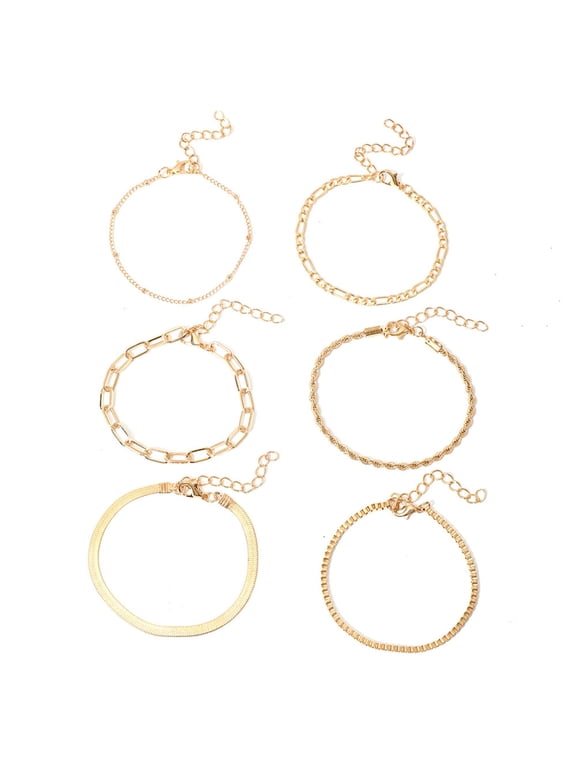 Gold Bracelets for Women, 6-Piece 14K Gold Plated Stackable Bracelet Stack Set, Adjustable Charm Paperclip Chain Cuban Link Layered Waterproof Jewelry Sets Gifts for Womens