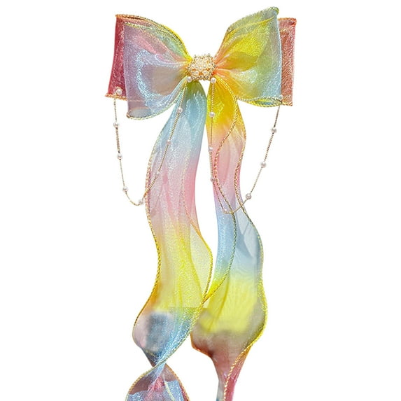 HHBEAUTY Gradient Color Mesh Bow Hair Clip - Headpiece for Girls with Braided Hair, Flower Embellishment, Streamer, and Tassel Hairpin