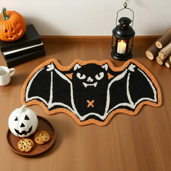 HHBEAUTY Halloween Bat Bathroom Rug, Bat Rug, Bath Mat for Halloween Decor, Gothic Area Rugs, Black Orange Bat Shaped Area Rugs for Front Door, Living Room Bedroom