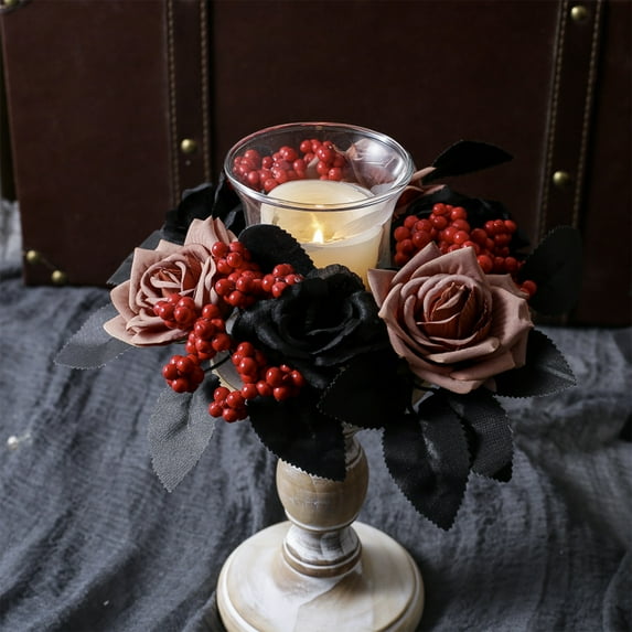 HHBEAUTY Halloween Candle Rings Wreaths Black Red Artificial Leaf Rose Berries Candle Holder Wreaths Garland Ornaments for Halloween Christmas Wedding Party Home Table Centerpieces Decorations