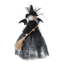 HHBEAUTY Halloween Decoration Witch Tree Topper - Black Witch with Spider Web Dress and Bat Wings, Black Pointed Hat and Flying Broom for Desktop Treetop Fireplace Halloween Decor