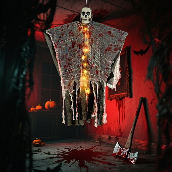 HHBEAUTY Halloween Hanging Decorations Outdoor, 33.5" Halloween Hanging Grim Reaper, Light Up Flying Hanging Ghosts for Haunted House Prop Dcor, Halloween Outdoor Indoor Decor