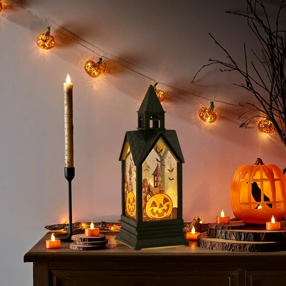 HHBEAUTY Halloween Portable Lanterns Orange Candle LED Halloween Lamp Lights, Spooky Witch Owl Bat Castle Flame Lights Hanging Lanterns