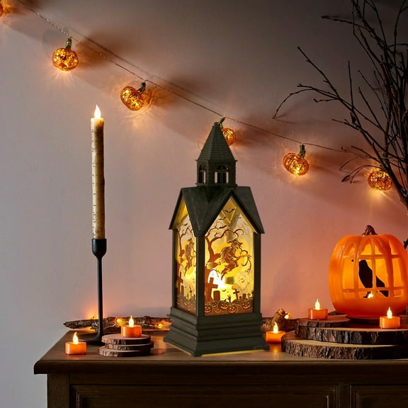 HHBEAUTY Halloween Portable Lanterns Orange Candle LED Halloween Lamp Lights, Spooky Witch Owl Bat Castle Flame Lights Hanging Lanterns