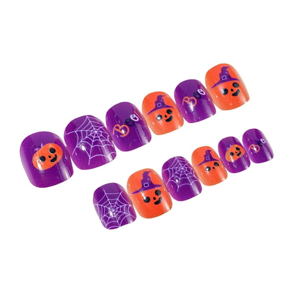 HHBEAUTY Halloween Short Press on Nails,Square Fake Nails with Ghost Spider Web Pattern,Purple Orange Matte False Nails,Glossy Acrylic Nails,Reusable Stick on Nails,for Halloween Nail Art - 24Pcs