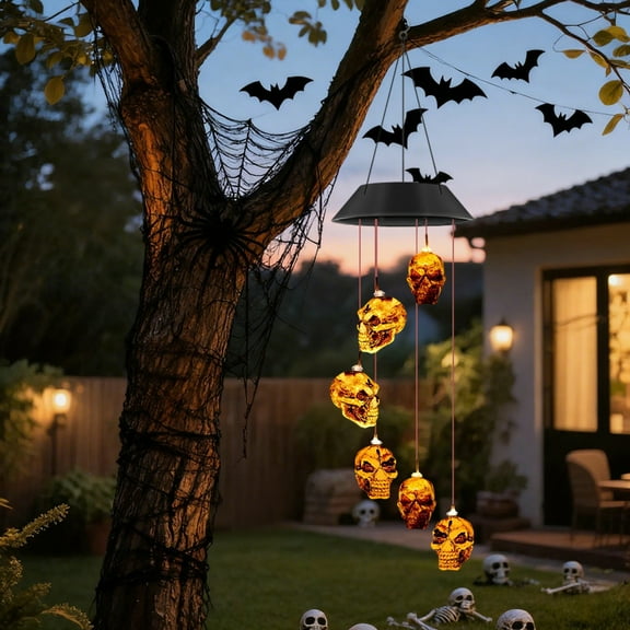 HHBEAUTY Halloween Solar Wind Chime Lights, Evil Eye, Skull Hanging Decoration, Outdoor Waterproof Solar Lights for Patio Pavilion Aisle Camping Party Decoration (Skull)