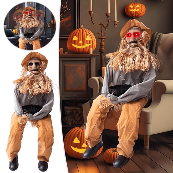 HHBEAUTY Halloween Strawman Figurine Holding Bowl, Sitting Scarecrow Animated Prop, Sensor-Activated, Sudden Head Raise With Light And Sound, Halloween Horror Décor, 4 AAA Batteries
