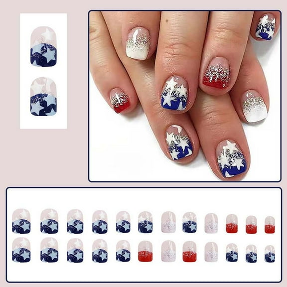 HHBEAUTY Independence Day Medium Square Fake Nails， Patriotic Flag Patter False Nails ，Full Cover Glossy Stick on Nails， Reusable Acrylic Nails for Women Manicure Art 24Pcs