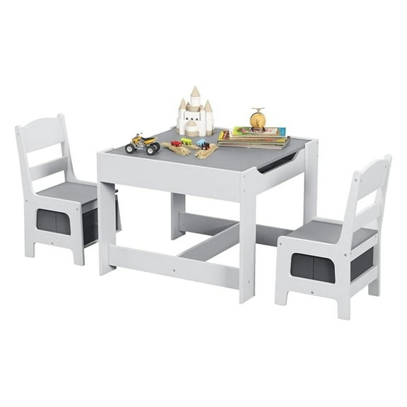 Qtypgm Kids Table and Chair Set, 3 in 1 Wooden Activity Table with Storage Drawer, Detachable Tabletop for Children Drawing Reading Art Craft, Playroom, Nursery, Toddler Table and Chair Set, Gray